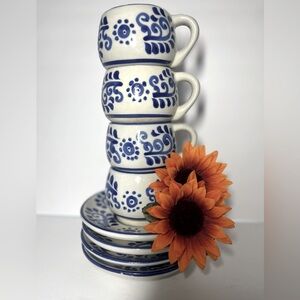 ☕️Vintage Mexican Pottery Espresso Cup Saucer Set Handcrafted Blue& White Floral